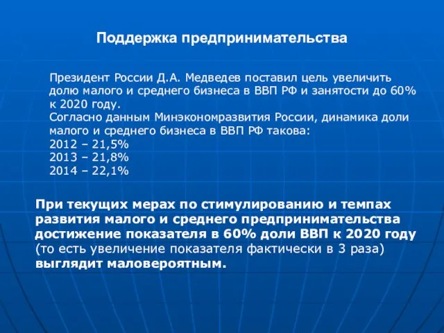 Поддержка предпринимательства Президент России Д.А. Медведев поставил цель увеличить долю малого и
