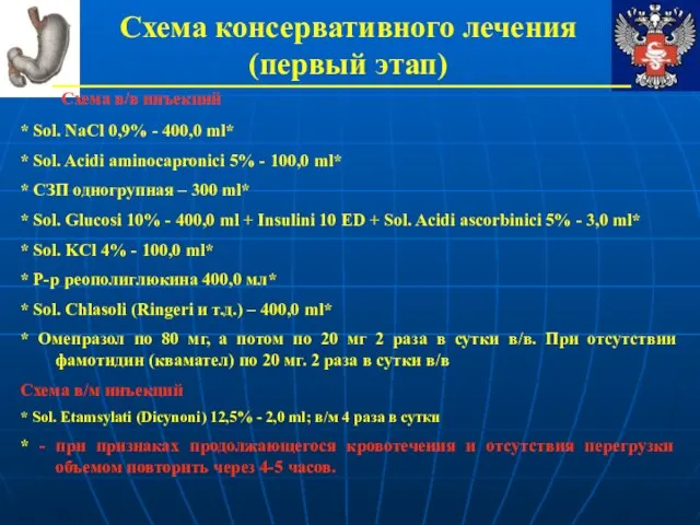 Схема консервативного лечения (первый этап) Схема в/в инъекций * Sol. NaCl 0,9%