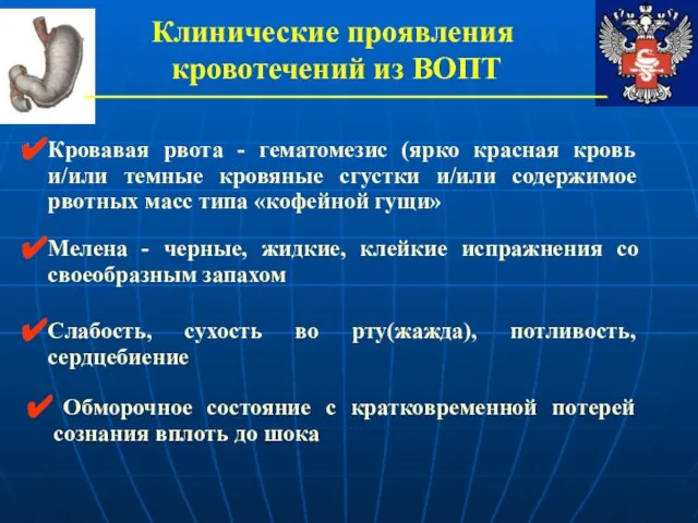 Клинические проявления кровотечений из ВОПТ Кровавая рвота - гематомезис (ярко красная кровь