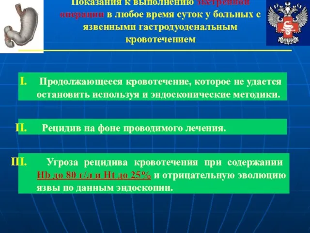 Продолжающееся кровотечение, которое не удается остановить используя и эндоскопические методики. Рецидив на