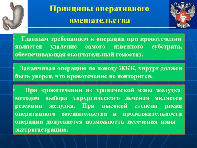 Принципы оперативного вмешательства Главным требованием к операции при кровотечении является удаление самого