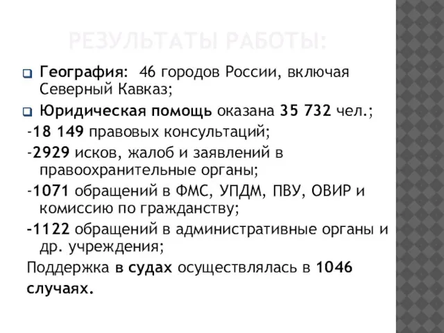 РЕЗУЛЬТАТЫ РАБОТЫ: География: 46 городов России, включая Северный Кавказ; Юридическая помощь оказана