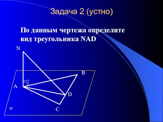 Задача 2 (устно) По данным чертежа определите вид треугольника NAD A B