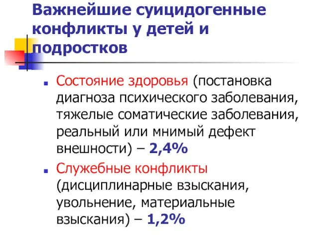 Важнейшие суицидогенные конфликты у детей и подростков Состояние здоровья (постановка диагноза психического