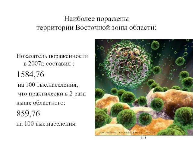 Наиболее поражены территории Восточной зоны области: Показатель пораженности в 2007г. составил :