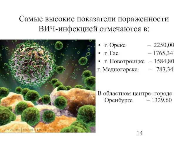 Самые высокие показатели пораженности ВИЧ-инфекцией отмечаются в: г. Орске – 2250,00 г.