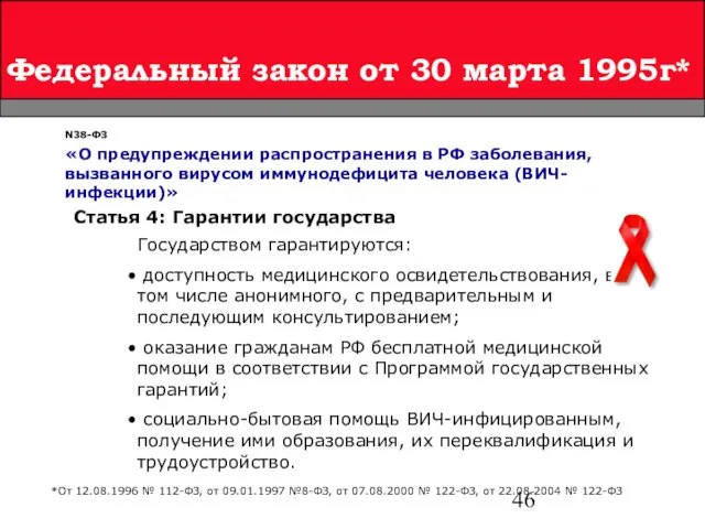 Федеральный закон от 30 марта 1995г* N38-ФЗ «О предупреждении распространения в РФ