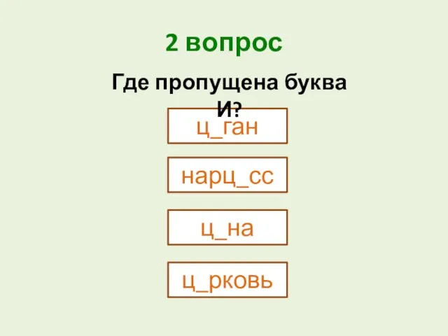 2 вопрос ц_ган нарц_сс Где пропущена буква И? ц_на ц_рковь