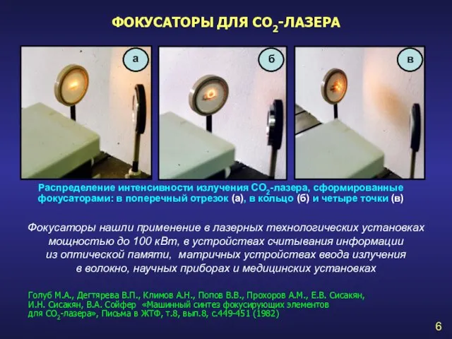 ФОКУСАТОРЫ ДЛЯ CO2-ЛАЗЕРА Распределение интенсивности излучения СО2-лазера, сформированные фокусаторами: в поперечный отрезок