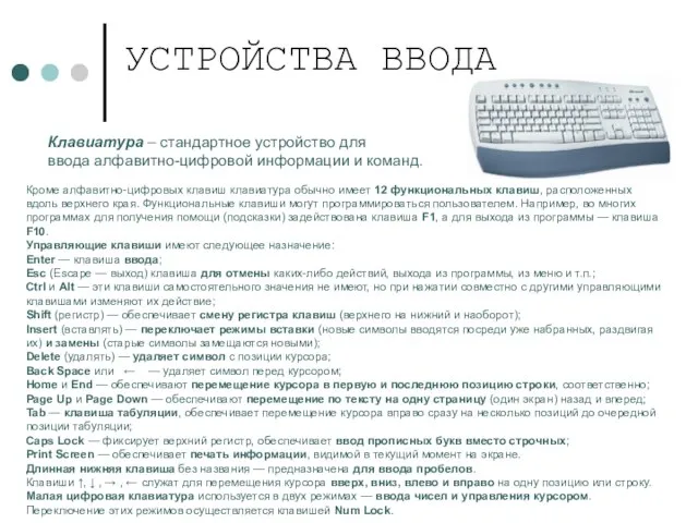 УСТРОЙСТВА ВВОДА Клавиатура – стандартное устройство для ввода алфавитно-цифровой информации и команд.