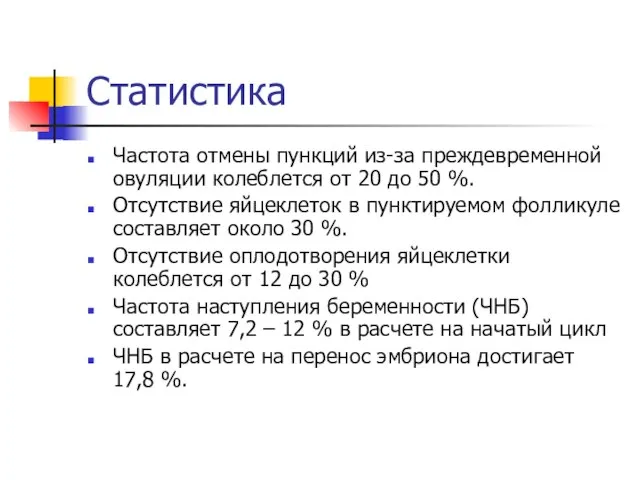 Статистика Частота отмены пункций из-за преждевременной овуляции колеблется от 20 до 50