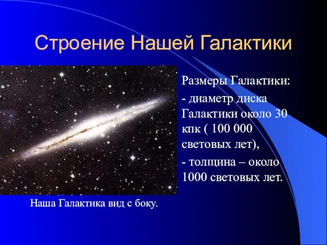 Строение Нашей Галактики Размеры Галактики: - диаметр диска Галактики около 30 кпк