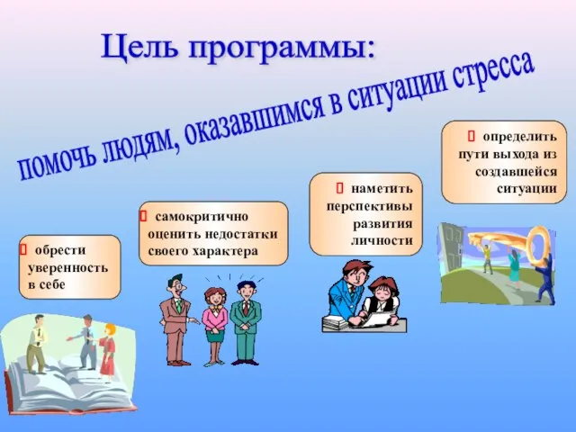 Цель программы: обрести уверенность в себе самокритично оценить недостатки своего характера наметить