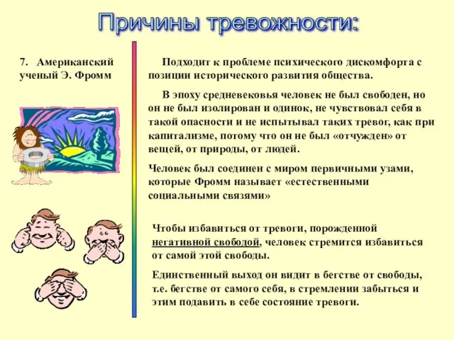 7. Американский ученый Э. Фромм Причины тревожности: Подходит к проблеме психического дискомфорта