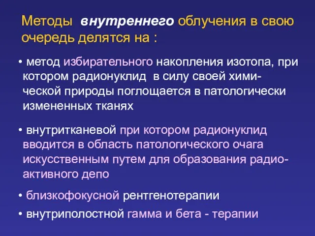 Методы внутреннего облучения в свою очередь делятся на : метод избирательного накопления