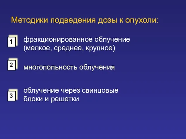 Методики подведения дозы к опухоли: фракционированное облучение (мелкое, среднее, крупное) многопольность облучения