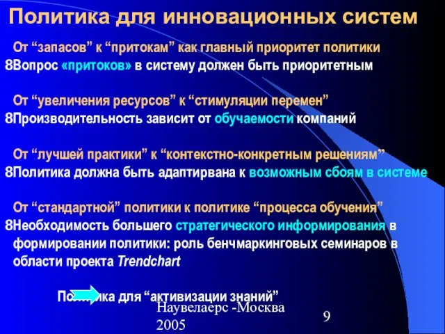 Наувелаерс -Москва 2005 Политика для инновационных систем От “запасов” к “притокам” как