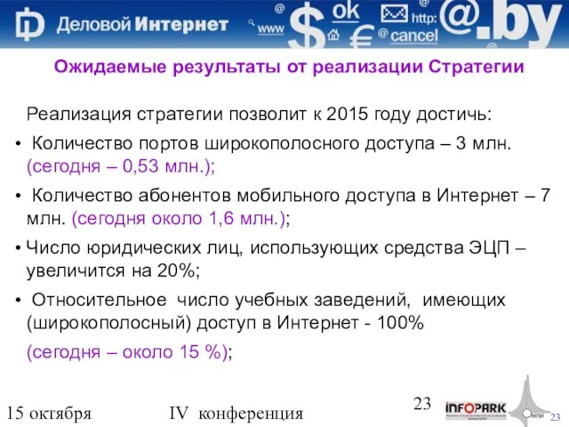 15 октября 2009 года IV конференция «Деловой интернет» Ожидаемые результаты от реализации