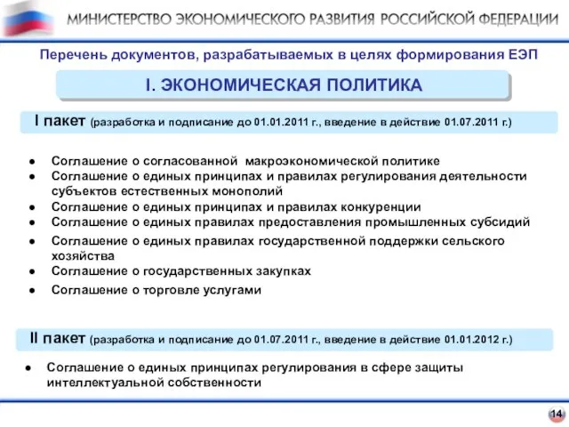 14 Перечень документов, разрабатываемых в целях формирования ЕЭП I. ЭКОНОМИЧЕСКАЯ ПОЛИТИКА I