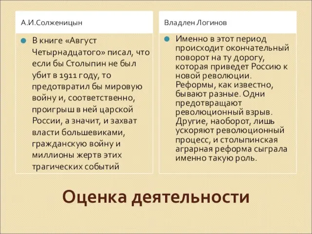 Оценка деятельности А.И.Солженицын Владлен Логинов В книге «Август Четырнадцатого» писал, что если