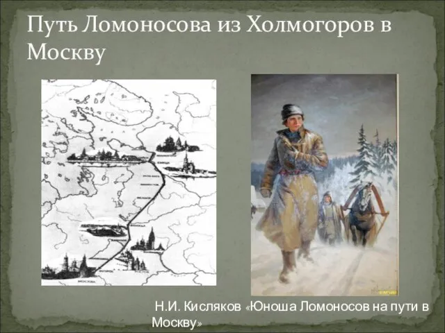 Путь Ломоносова из Холмогоров в Москву Н.И. Кисляков «Юноша Ломоносов на пути в Москву»