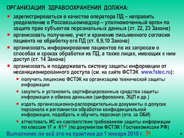 ОРГАНИЗАЦИЯ ЗДРАВООХРАНЕНИЯ ДОЛЖНА: зарегистрироваться в качестве оператора ПД – направить уведомление в