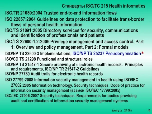 Стандарты ISO/TC 215 Health informatics ISO/TR 21089:2004 Trusted end-to-end information flows ISO