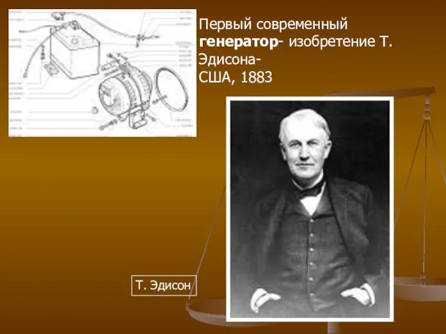 Первый современный генератор- изобретение Т. Эдисона- США, 1883 Т. Эдисон