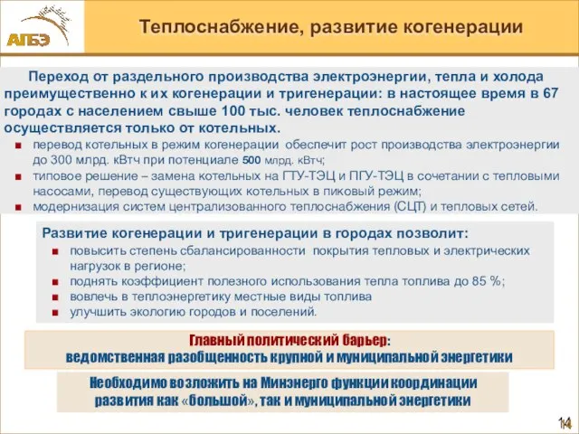 Теплоснабжение, развитие когенерации Переход от раздельного производства электроэнергии, тепла и холода преимущественно