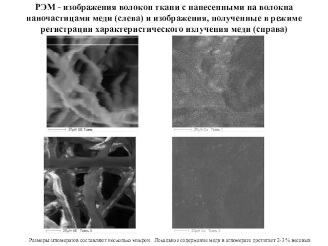РЭМ - изображения волокон ткани с нанесенными на волокна наночастицами меди (слева)
