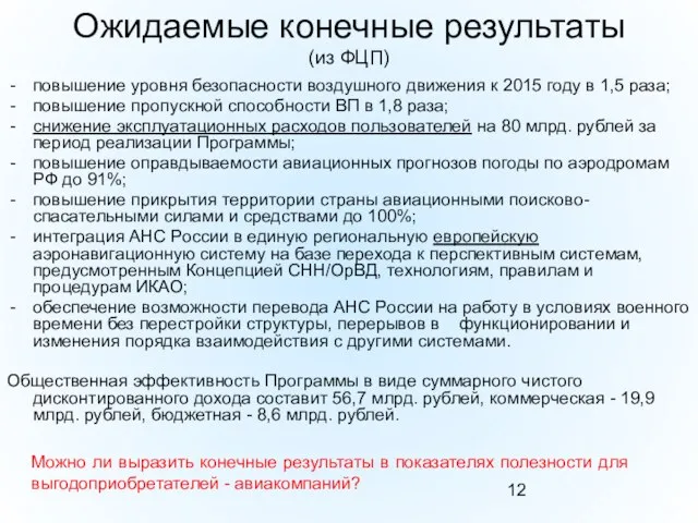 Ожидаемые конечные результаты (из ФЦП) повышение уровня безопасности воздушного движения к 2015