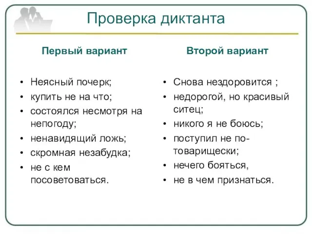 Проверка диктанта Первый вариант Неясный почерк; купить не на что; состоялся несмотря