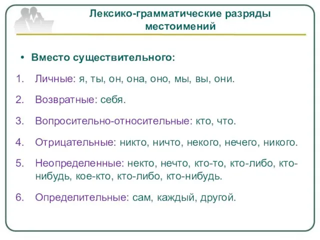 Лексико-грамматические разряды местоимений Вместо существительного: Личные: я, ты, он, она, оно, мы,