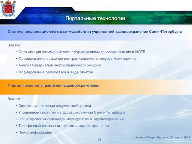 Портальные технологии Система информационного взаимодействия учреждений здравоохранения Санкт-Петербурга Задачи: Организация взаимодействия с