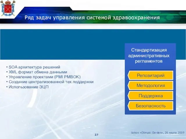 Ряд задач управления системой здравоохранения Sokos «Olimpic Garden», 26 марта 2009 Стандартизация