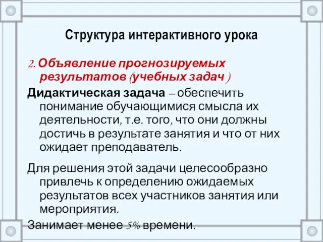 Структура интерактивного урока 2. Объявление прогнозируемых результатов (учебных задач ) Дидактическая задача