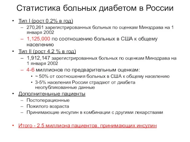 Статистика больных диабетом в России Тип I (рост 0.2% в год) 270,261