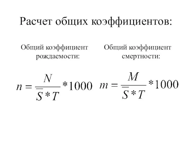 Расчет общих коэффициентов: Общий коэффициент рождаемости: Общий коэффициент смертности: