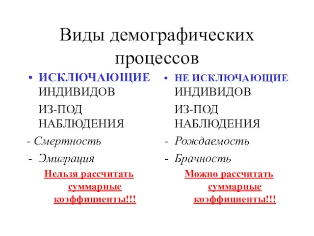 Виды демографических процессов ИСКЛЮЧАЮЩИЕ ИНДИВИДОВ ИЗ-ПОД НАБЛЮДЕНИЯ - Смертность Эмиграция Нельзя рассчитать