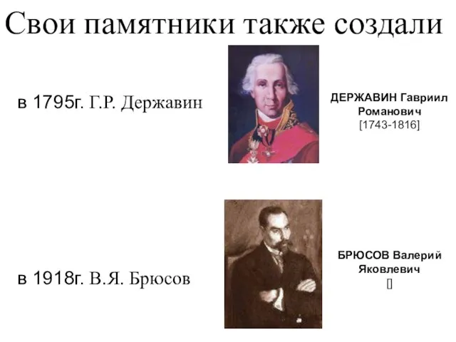 Свои памятники также создали в 1795г. Г.Р. Державин ДЕРЖАВИН Гавриил Романович [1743-1816]
