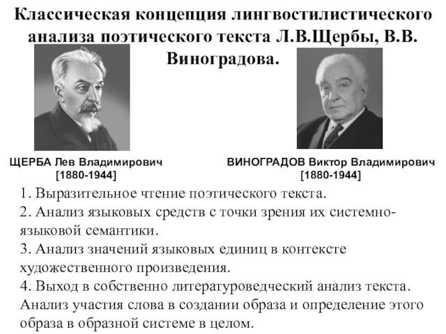 Классическая концепция лингвостилистического анализа поэтического текста Л.В.Щербы, В.В.Виноградова. 1. Выразительное чтение поэтического