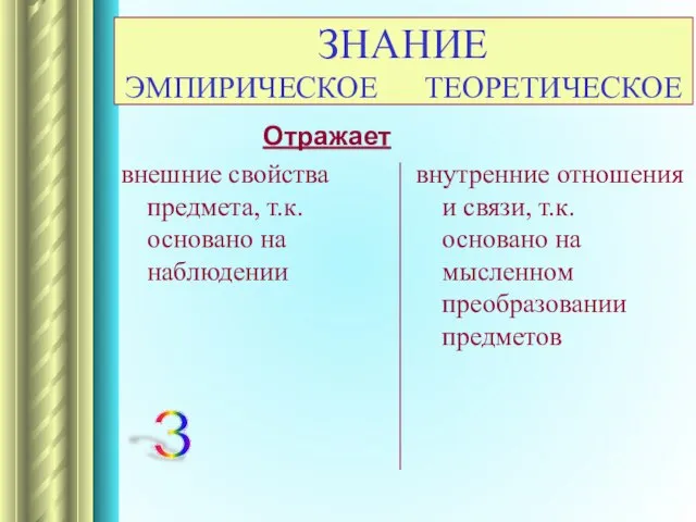 Отражает внешние свойства предмета, т.к. основано на наблюдении внутренние отношения и связи,