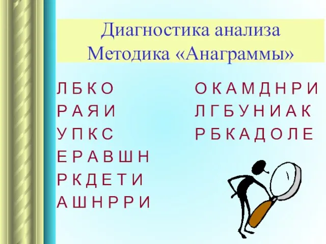 Диагностика анализа Методика «Анаграммы» Л Б К О Р А Я И