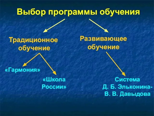 Выбор программы обучения Традиционное обучение Развивающее обучение «Гармония» Система Д. Б. Эльконина-