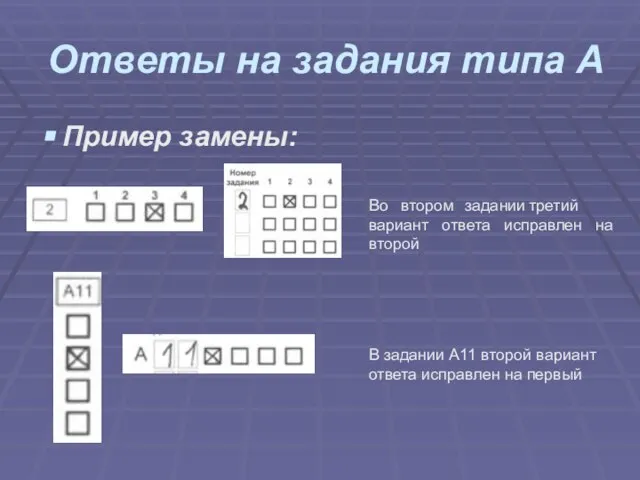 Ответы на задания типа А Пример замены: Во втором задании третий вариант