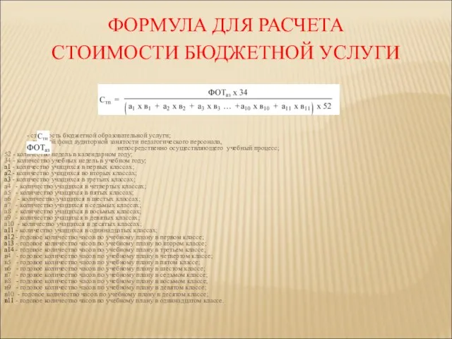 ФОРМУЛА ДЛЯ РАСЧЕТА СТОИМОСТИ БЮДЖЕТНОЙ УСЛУГИ - стоимость бюджетной образовательной услуги; -