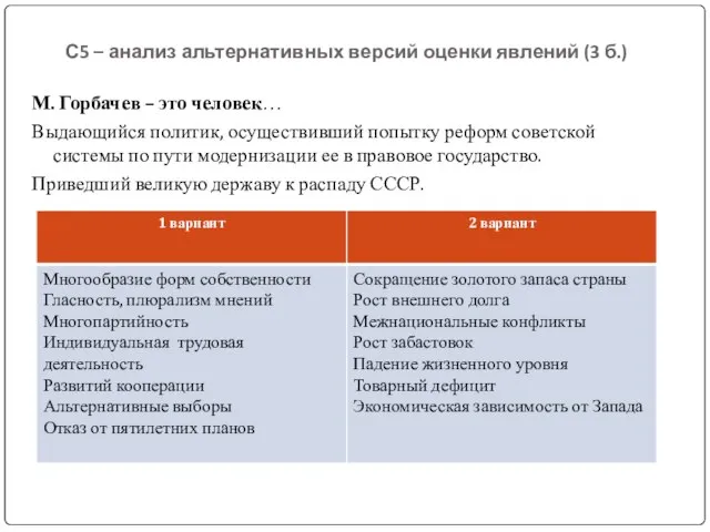 С5 – анализ альтернативных версий оценки явлений (3 б.) М. Горбачев –