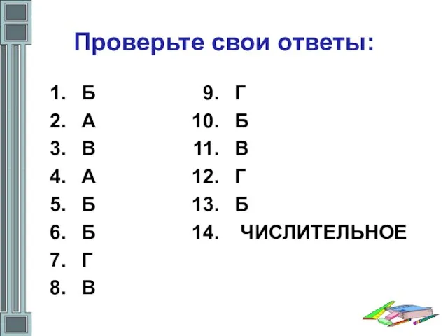 Проверьте свои ответы: Б А В А Б Б Г В Г