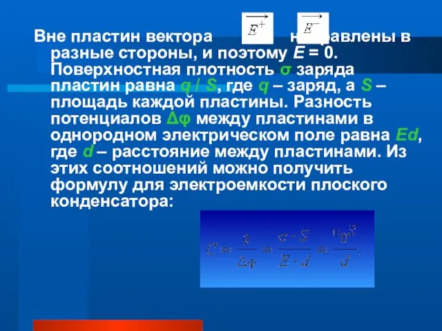 Вне пластин вектора и направлены в разные стороны, и поэтому E =