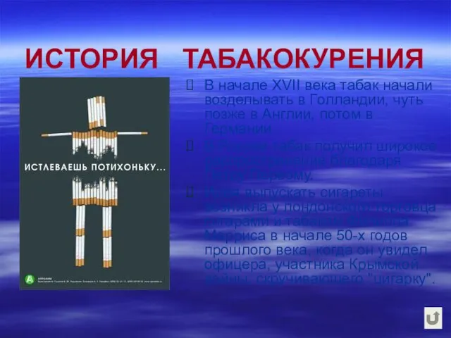 ИСТОРИЯ ТАБАКОКУРЕНИЯ В начале XVII века табак начали возделывать в Голландии, чуть